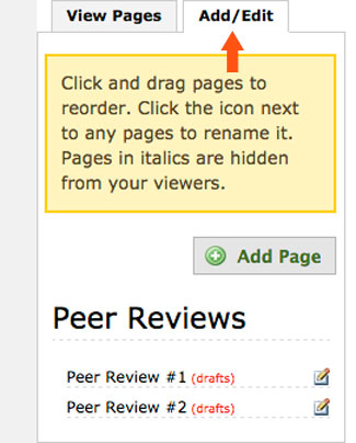 click add/edit tab for edit controls for pages